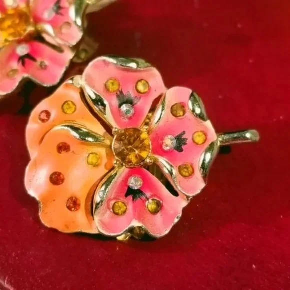 Vintage Plumeria Clip Earrings with sparkle - Picture 6 of 9